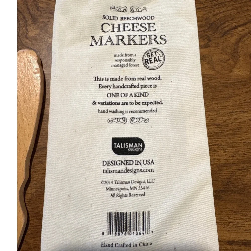 Solid Beechwood Cheese Markers Set of 4 with Storage Bag Gouda Brie Bleu Cheddar